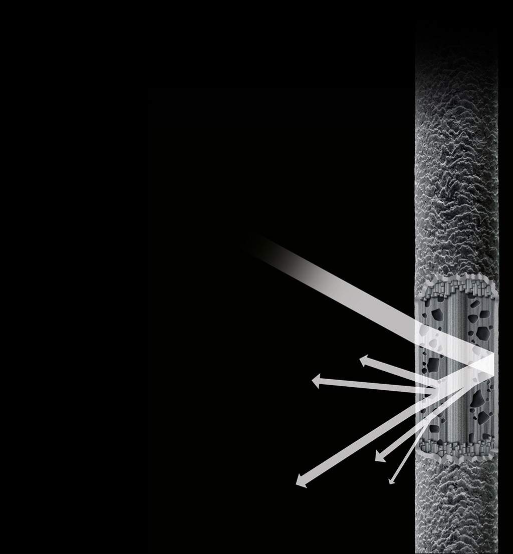 A comparison of damaged hair's ability to reflect light with that of healthy hair